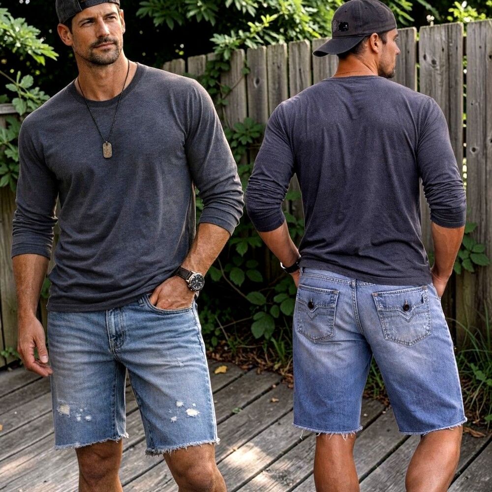 DKNY Flatiron Mens 34 Denim Shorts Distressed Streetwear Light Wash Bermuda